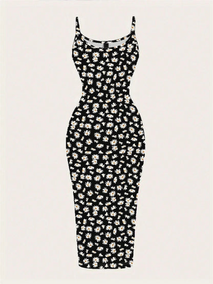 Daisy Print Spaghetti Strap Bodycon Midi Dress – Minimalist Summer Going-Out Style