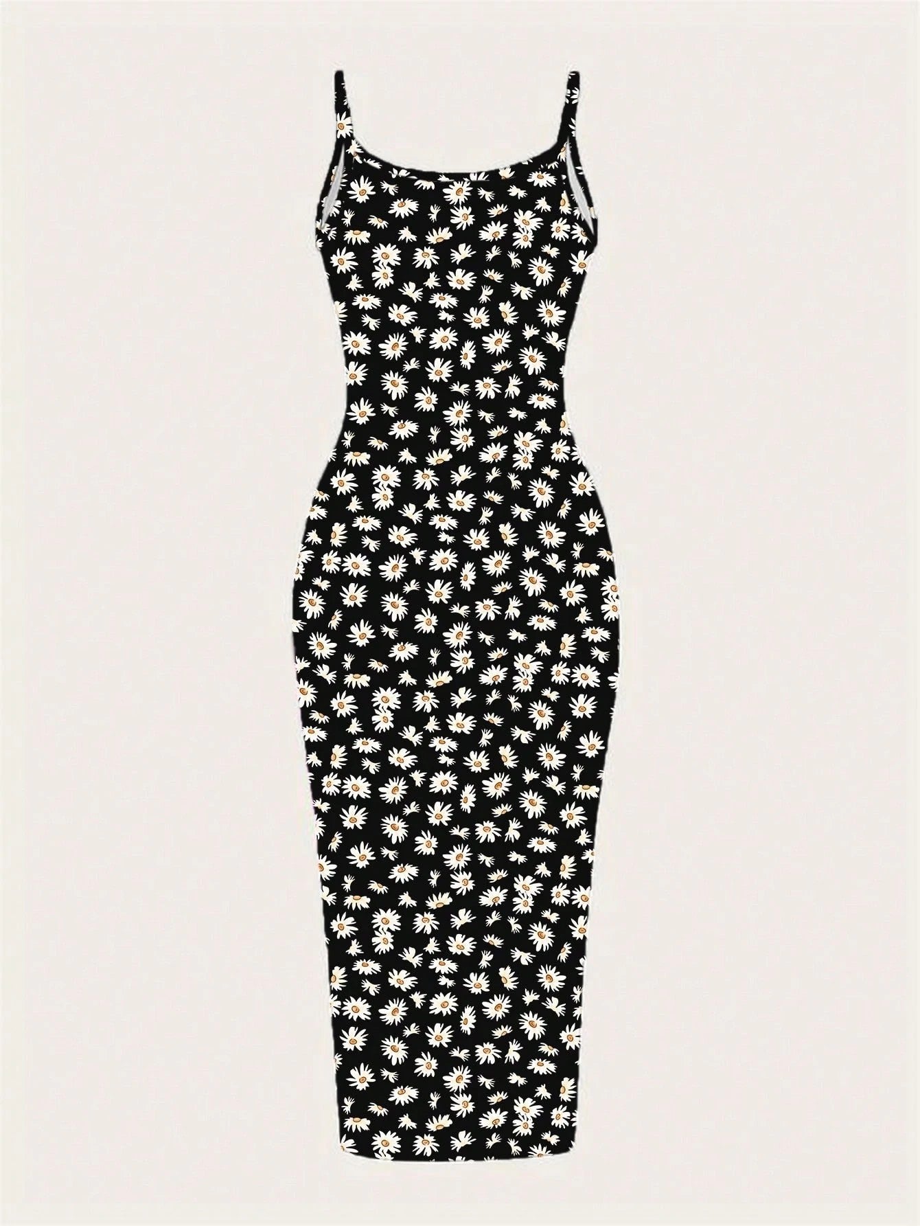 Daisy Print Spaghetti Strap Bodycon Midi Dress – Minimalist Summer Going-Out Style