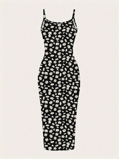 Daisy Print Spaghetti Strap Bodycon Midi Dress – Minimalist Summer Going-Out Style