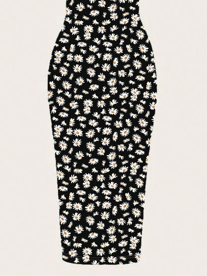 Daisy Print Spaghetti Strap Bodycon Midi Dress – Minimalist Summer Going-Out Style