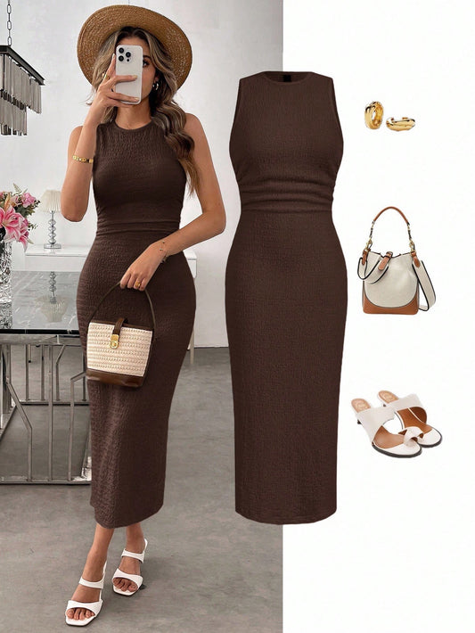 Textured Knit Bodycon Midi Dress | Sleeveless Slim Fit Elegant Casual Dress