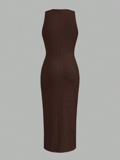Textured Knit Bodycon Midi Dress | Sleeveless Slim Fit Elegant Casual Dress