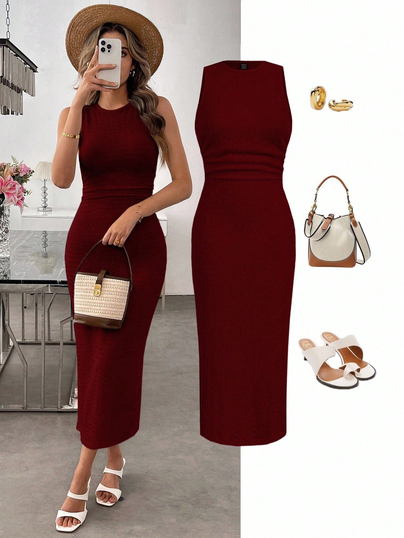 Textured Knit Bodycon Midi Dress | Sleeveless Slim Fit Elegant Casual Dress