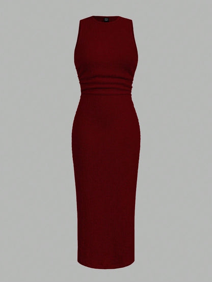 Textured Knit Bodycon Midi Dress | Sleeveless Slim Fit Elegant Casual Dress