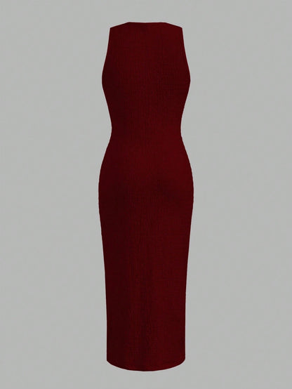 Textured Knit Bodycon Midi Dress | Sleeveless Slim Fit Elegant Casual Dress
