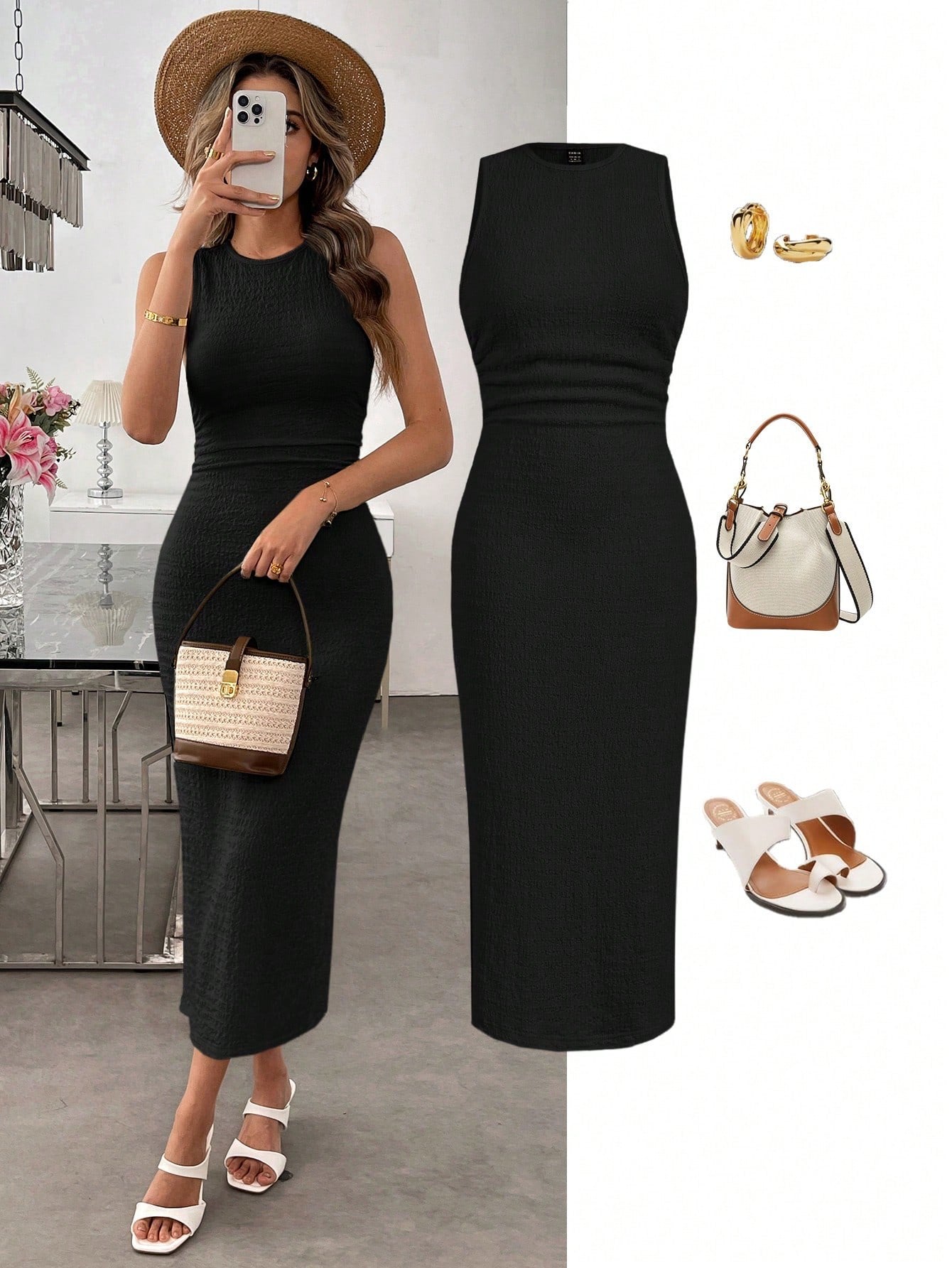 Textured Knit Bodycon Midi Dress | Sleeveless Slim Fit Elegant Casual Dress