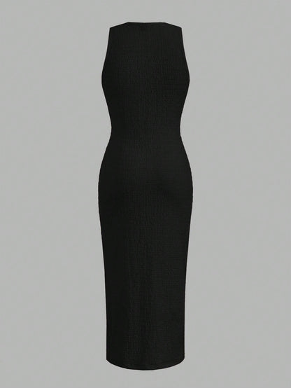 Textured Knit Bodycon Midi Dress | Sleeveless Slim Fit Elegant Casual Dress
