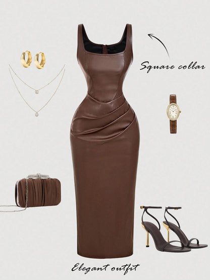 Chic PU Leather Midi Bodycon Dress