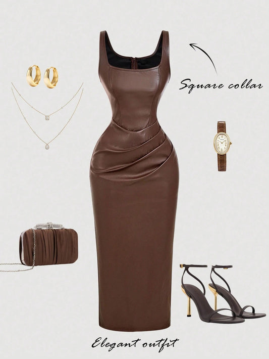 Chic PU Leather Midi Bodycon Dress