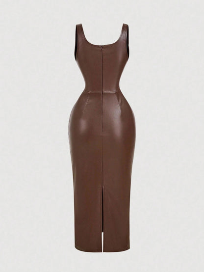 Chic PU Leather Midi Bodycon Dress