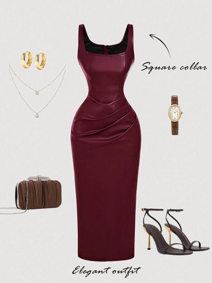 Chic PU Leather Midi Bodycon Dress