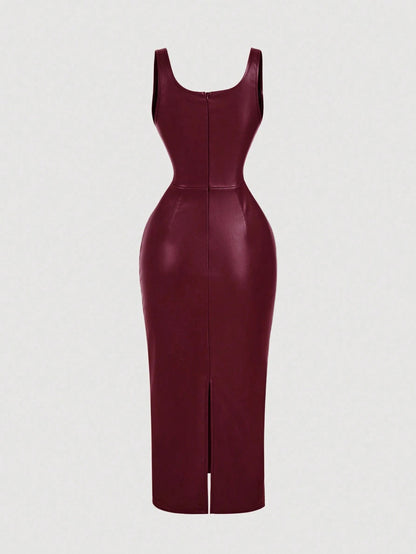 Chic PU Leather Midi Bodycon Dress
