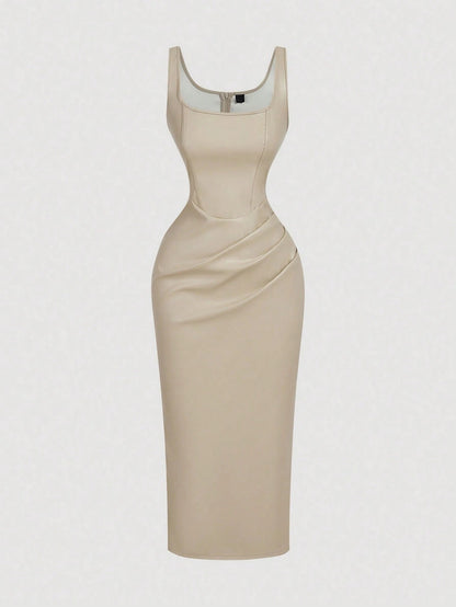 Chic PU Leather Midi Bodycon Dress