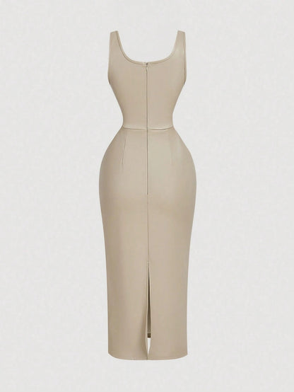 Chic PU Leather Midi Bodycon Dress