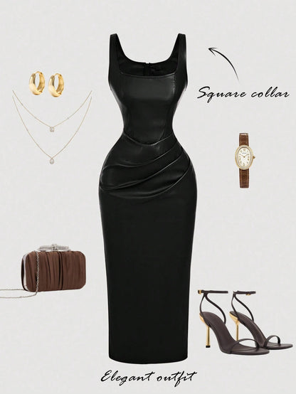 Chic PU Leather Midi Bodycon Dress