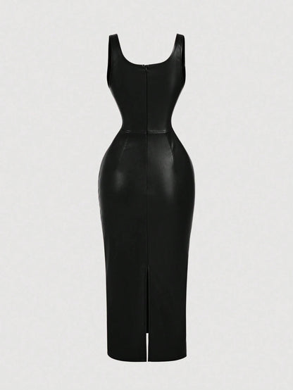 Chic PU Leather Midi Bodycon Dress