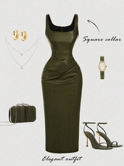 Chic PU Leather Midi Bodycon Dress