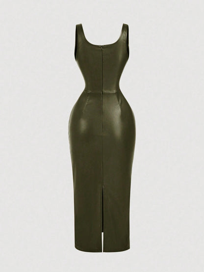 Chic PU Leather Midi Bodycon Dress