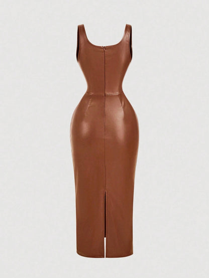 Chic PU Leather Midi Bodycon Dress