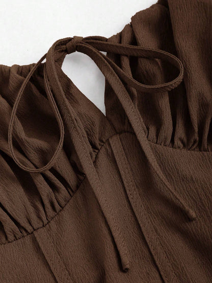 Fashzeo brown corset-style midi dress with ruched bust and adjustable tie-shoulder straps for women3