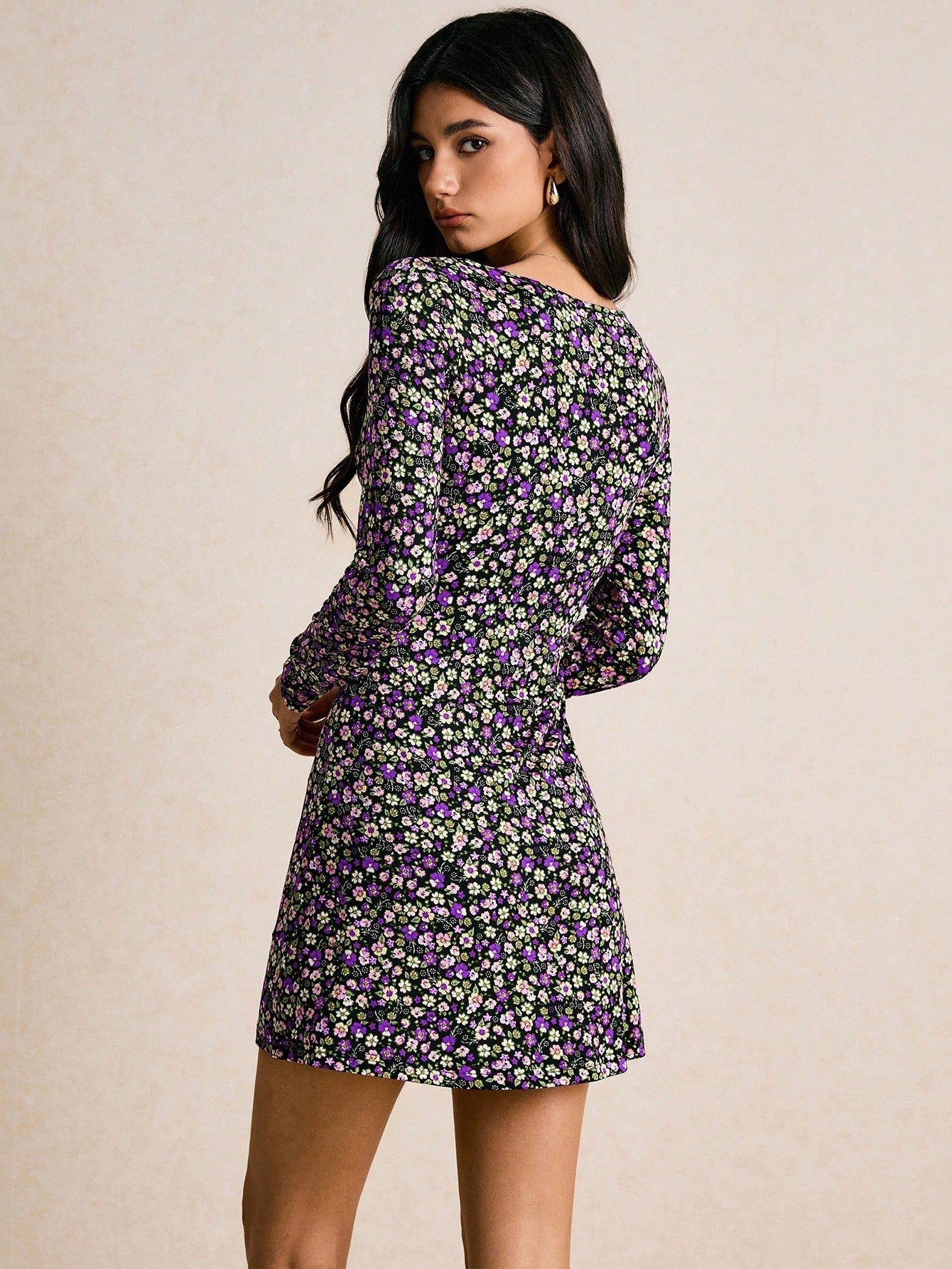 Vintage Floral V-Neck Mini Dress with Long Sleeves & Tie-Front | Boho Skater Fall Dress