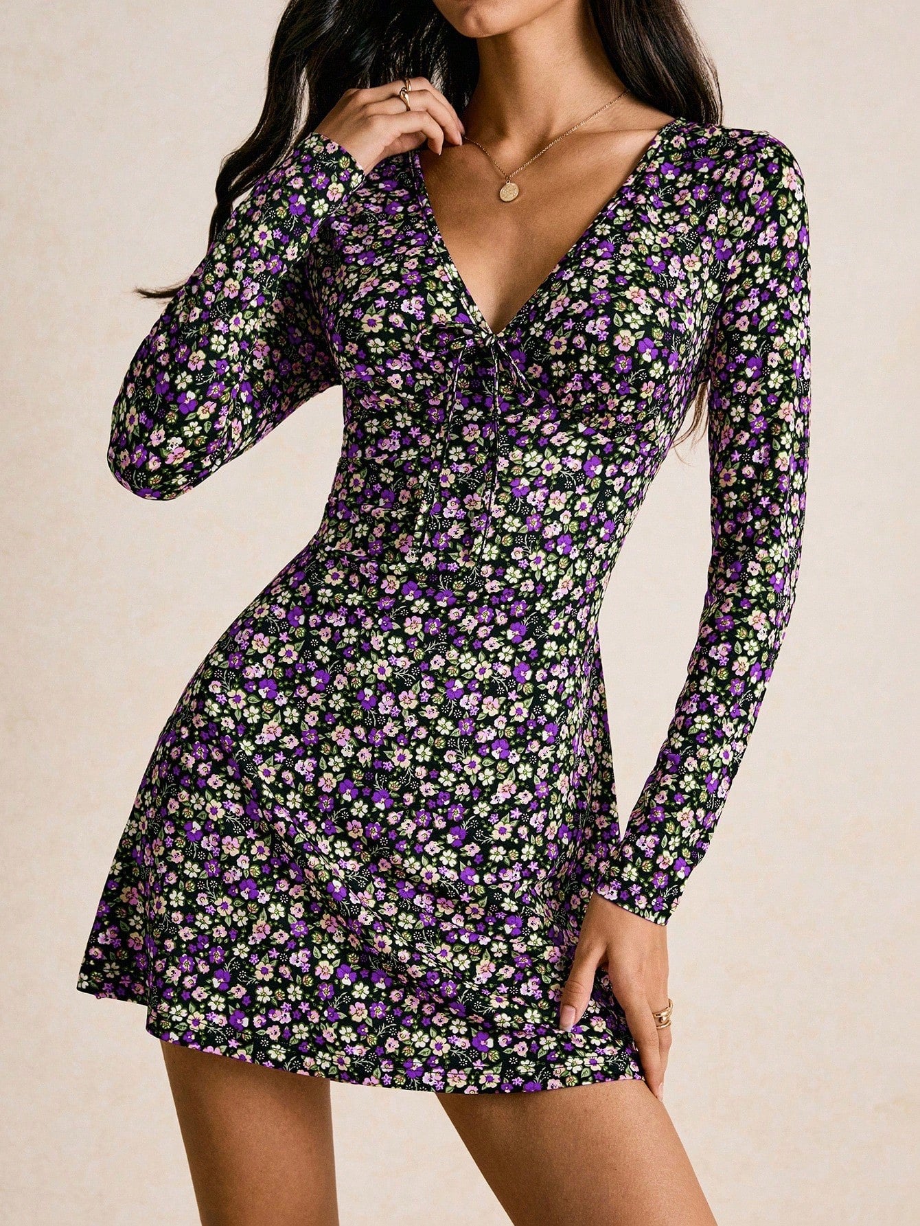 Vintage Floral V-Neck Mini Dress with Long Sleeves & Tie-Front | Boho Skater Fall Dress