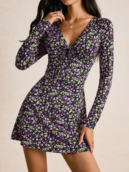 Vintage Floral V-Neck Mini Dress with Long Sleeves & Tie-Front | Boho Skater Fall Dress