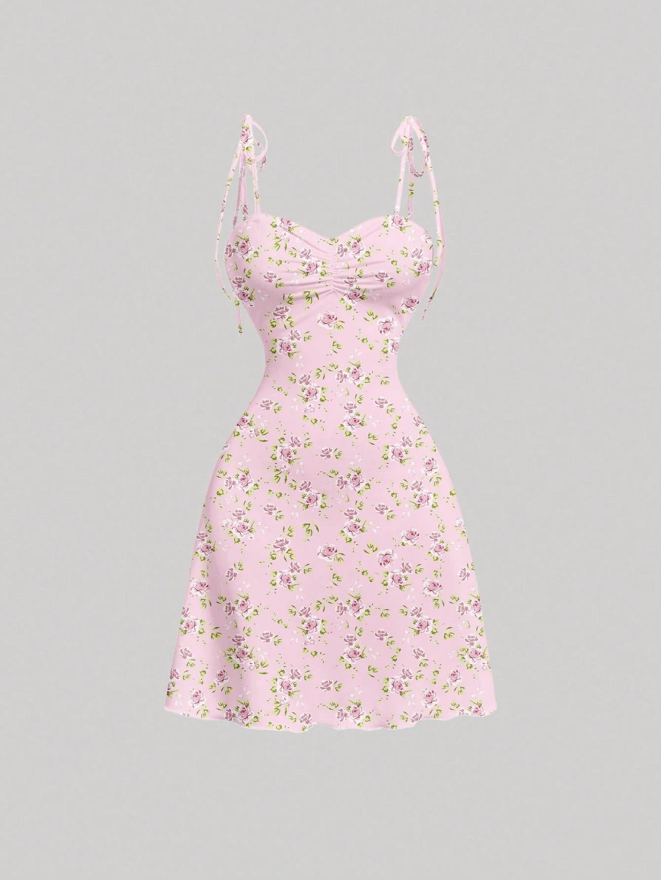 Tie Shoulder Ditsy Floral A-Line Mini Dress | Ruched Waist Pastel Summer Chic Dress