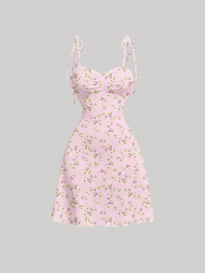 Tie Shoulder Ditsy Floral A-Line Mini Dress | Ruched Waist Pastel Summer Chic Dress