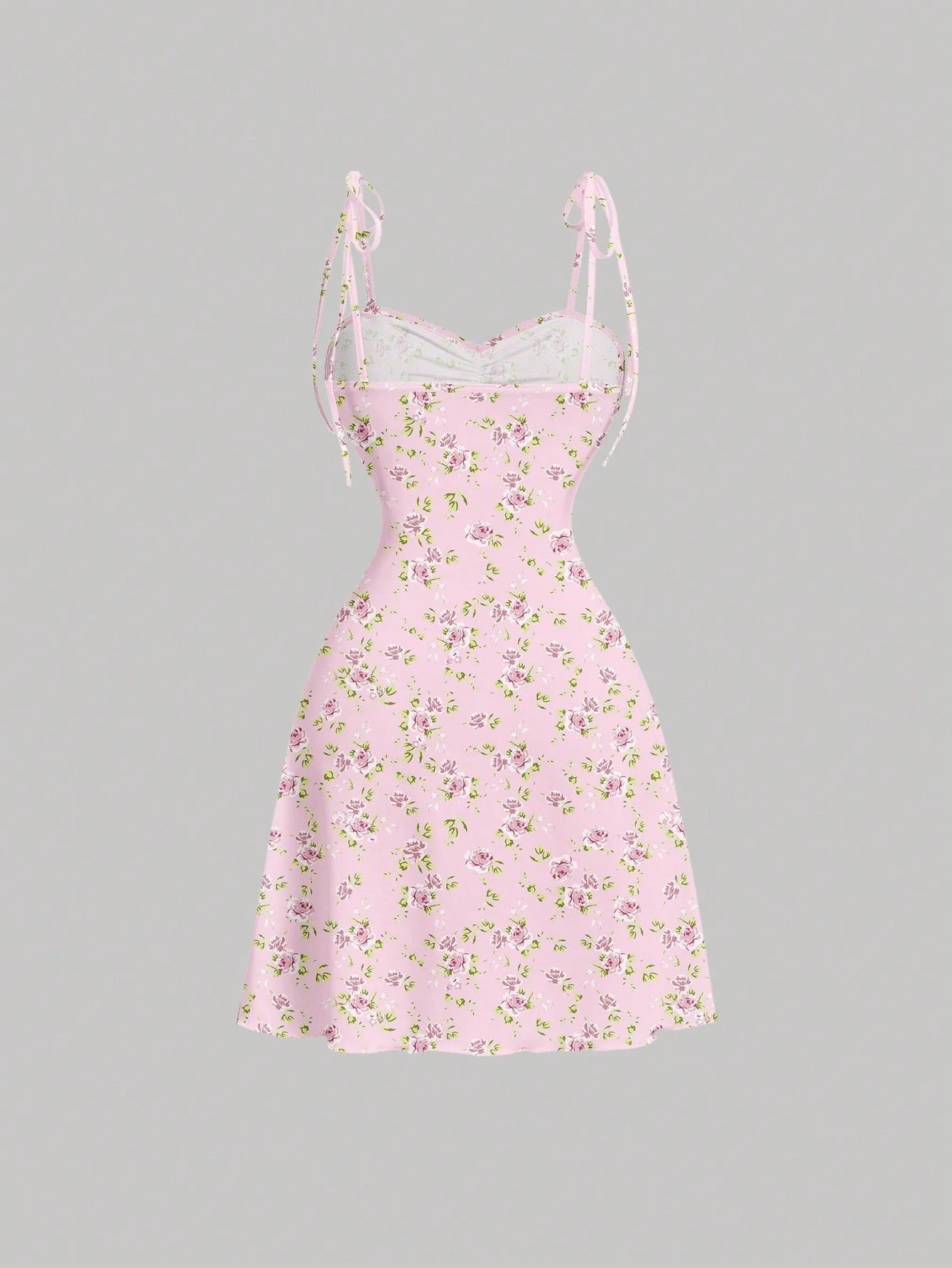 Tie Shoulder Ditsy Floral A-Line Mini Dress | Ruched Waist Pastel Summer Chic Dress