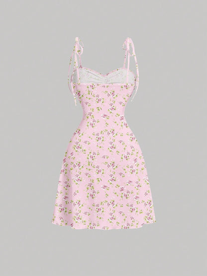 Tie Shoulder Ditsy Floral A-Line Mini Dress | Ruched Waist Pastel Summer Chic Dress
