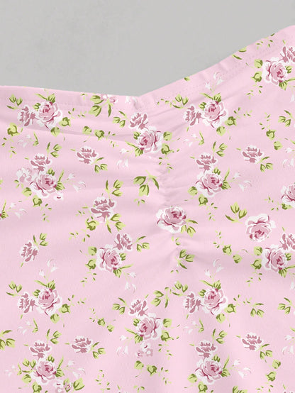 Tie Shoulder Ditsy Floral A-Line Mini Dress | Ruched Waist Pastel Summer Chic Dress