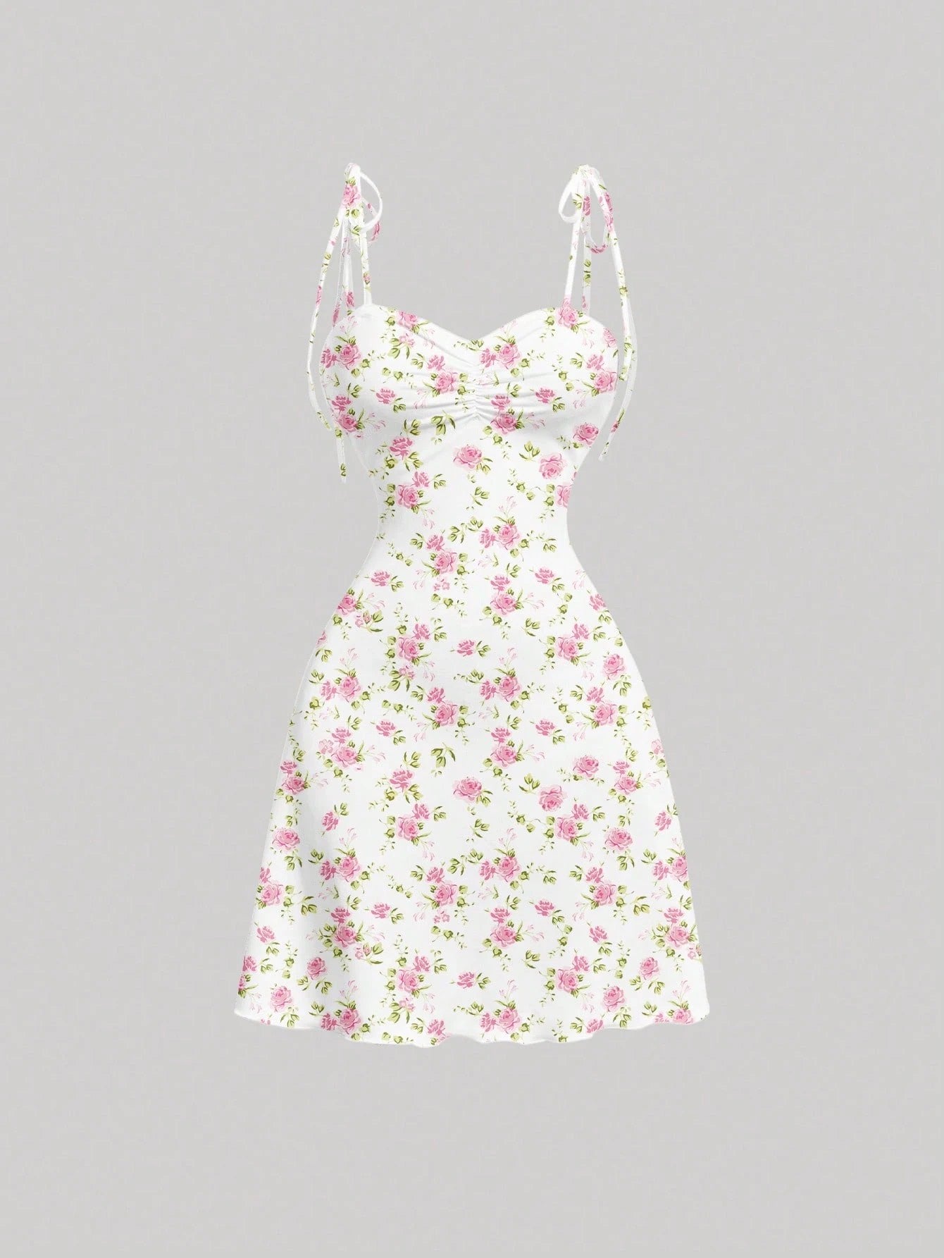 Tie Shoulder Ditsy Floral A-Line Mini Dress | Ruched Waist Pastel Summer Chic Dress