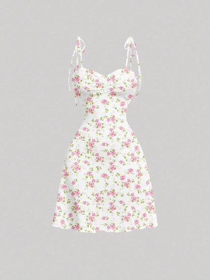 Tie Shoulder Ditsy Floral A-Line Mini Dress | Ruched Waist Pastel Summer Chic Dress