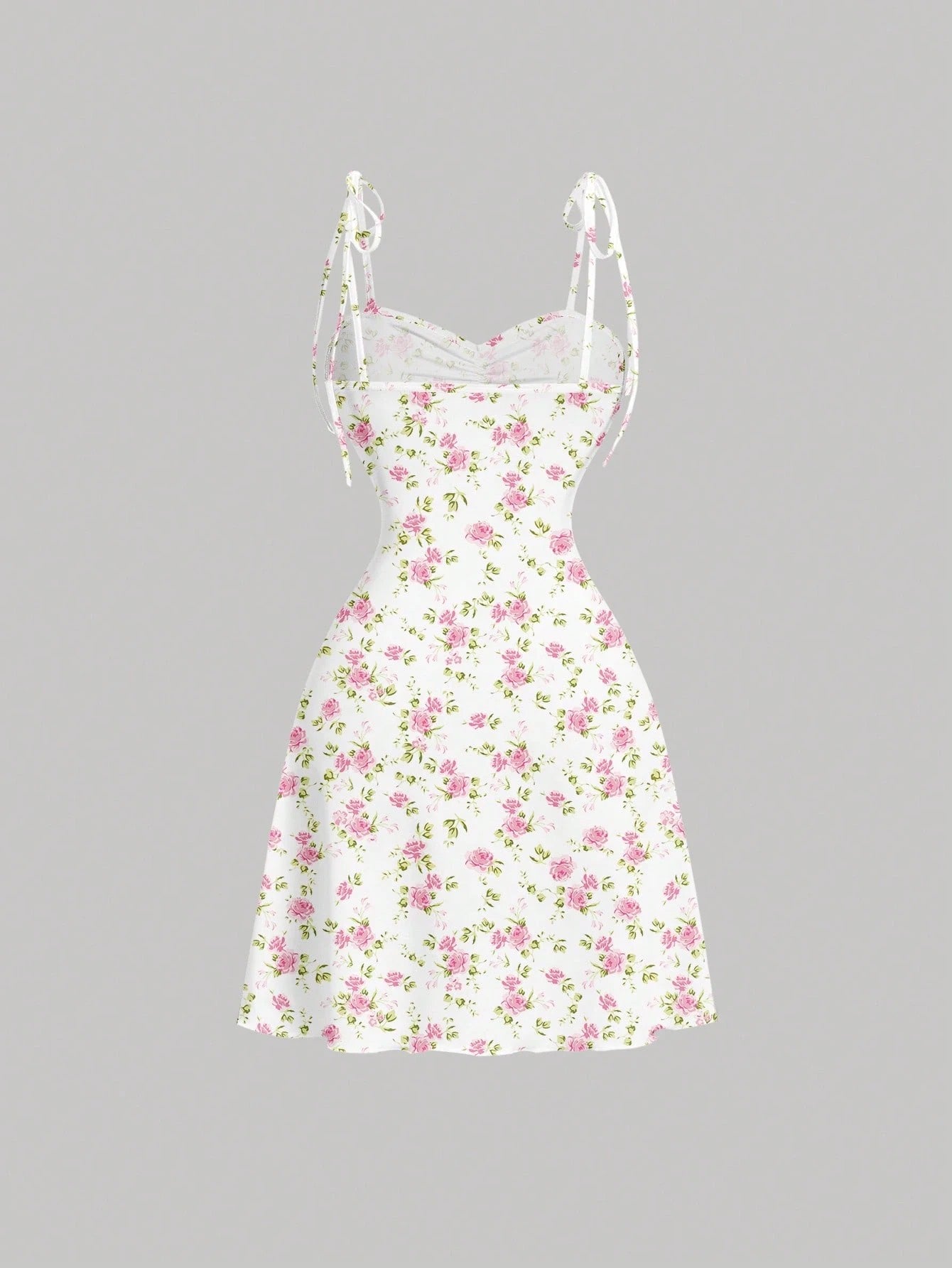 Tie Shoulder Ditsy Floral A-Line Mini Dress | Ruched Waist Pastel Summer Chic Dress