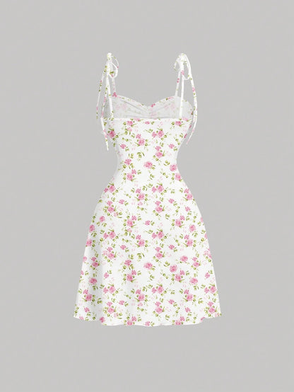 Tie Shoulder Ditsy Floral A-Line Mini Dress | Ruched Waist Pastel Summer Chic Dress