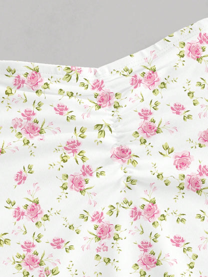 Tie Shoulder Ditsy Floral A-Line Mini Dress | Ruched Waist Pastel Summer Chic Dress