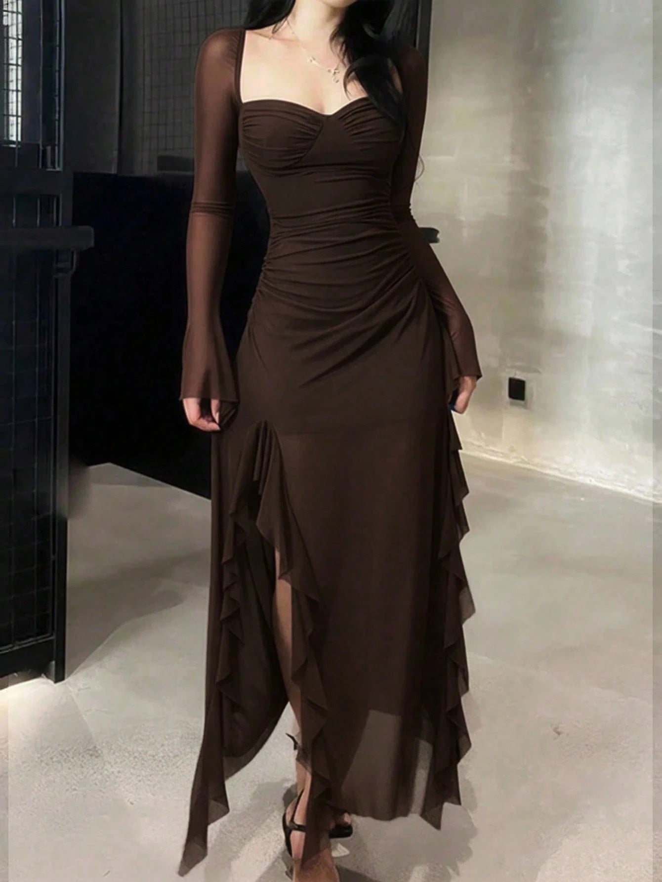 Ruffle Trim Mesh Sleeve Long Dress