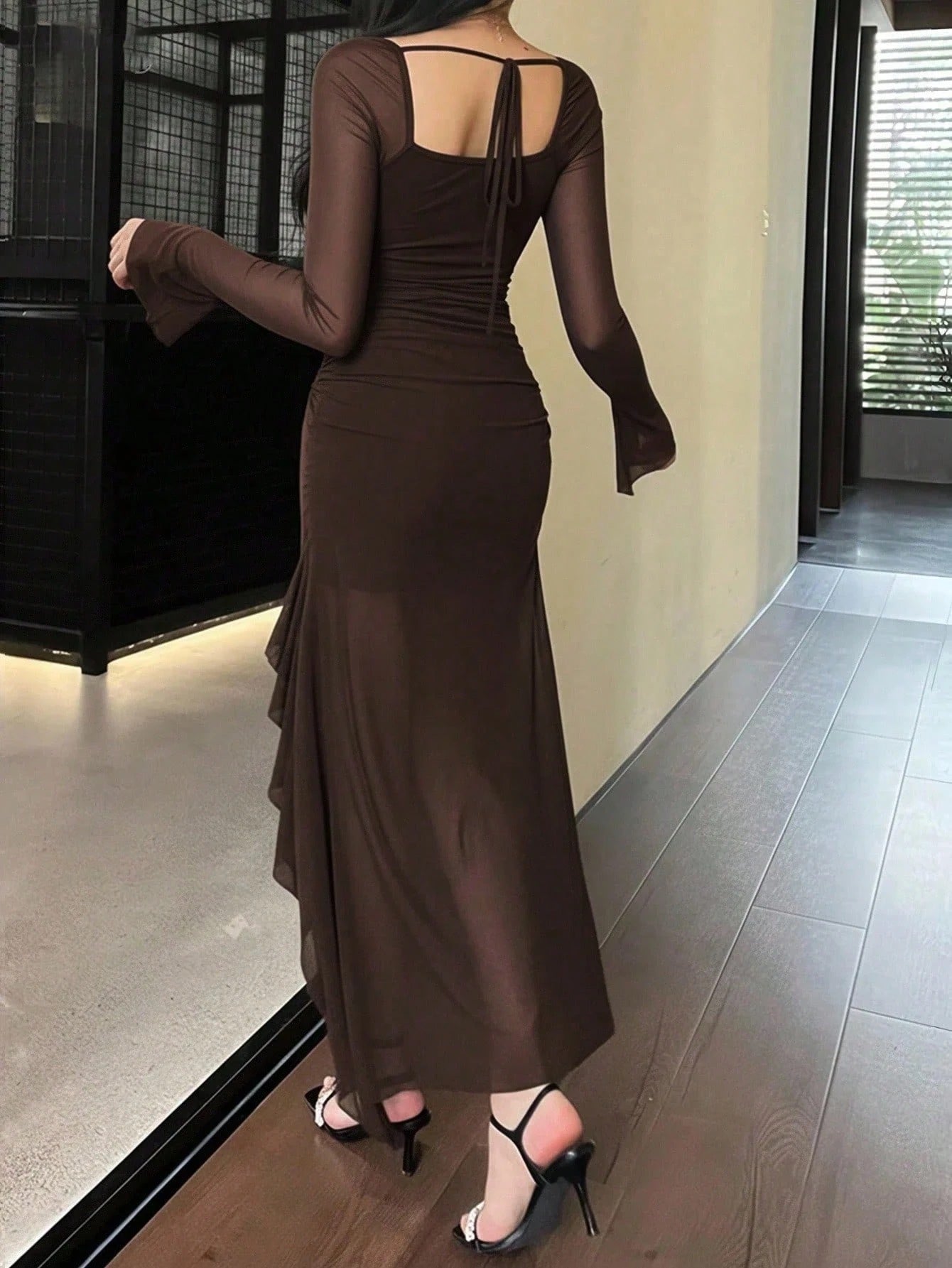 Ruffle Trim Mesh Sleeve Long Dress