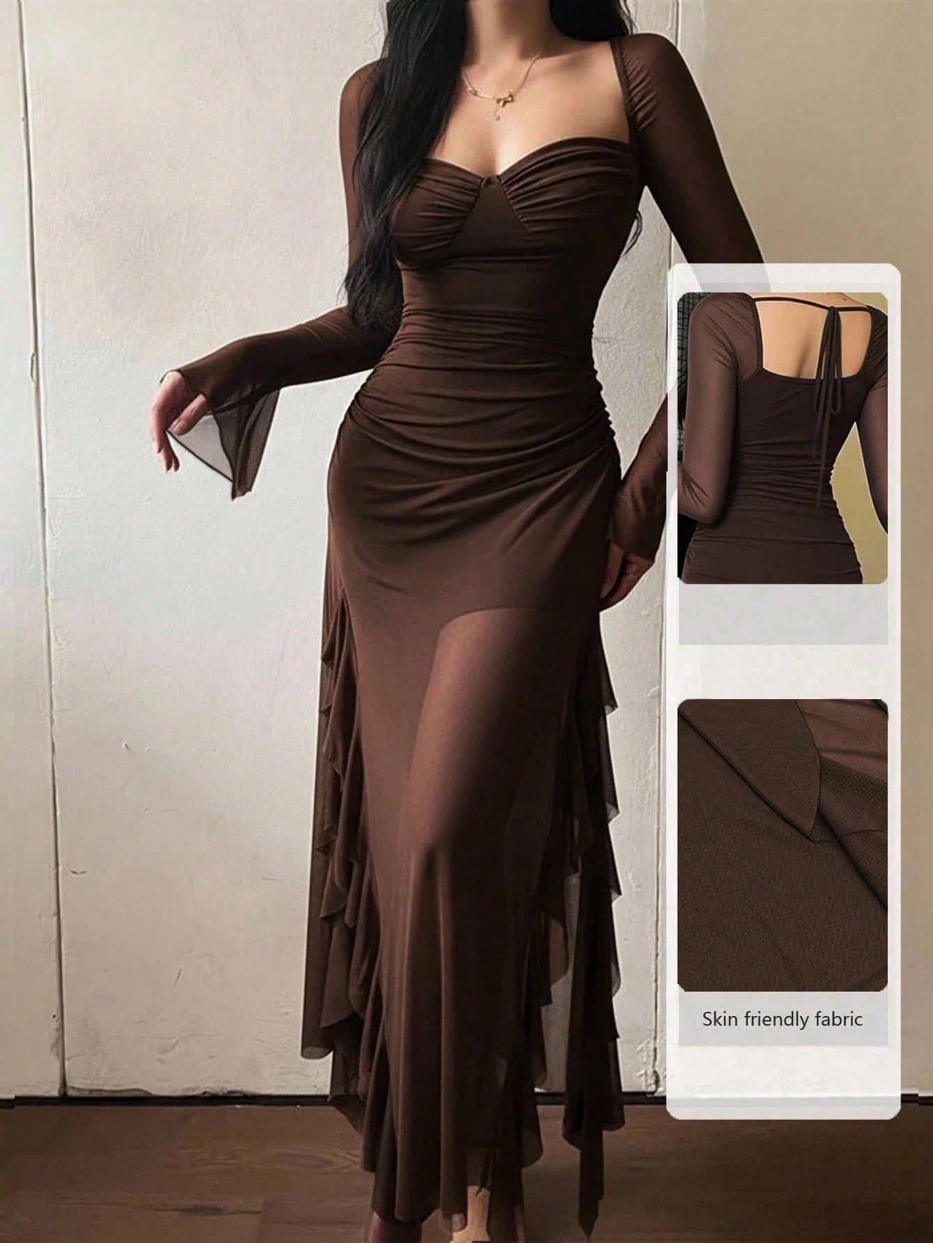 Ruffle Trim Mesh Sleeve Long Dress