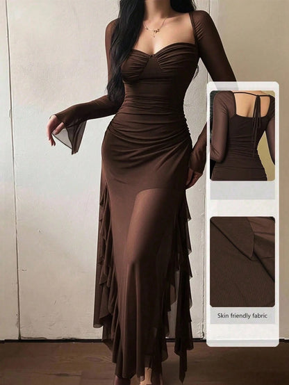 Ruffle Trim Mesh Sleeve Long Dress