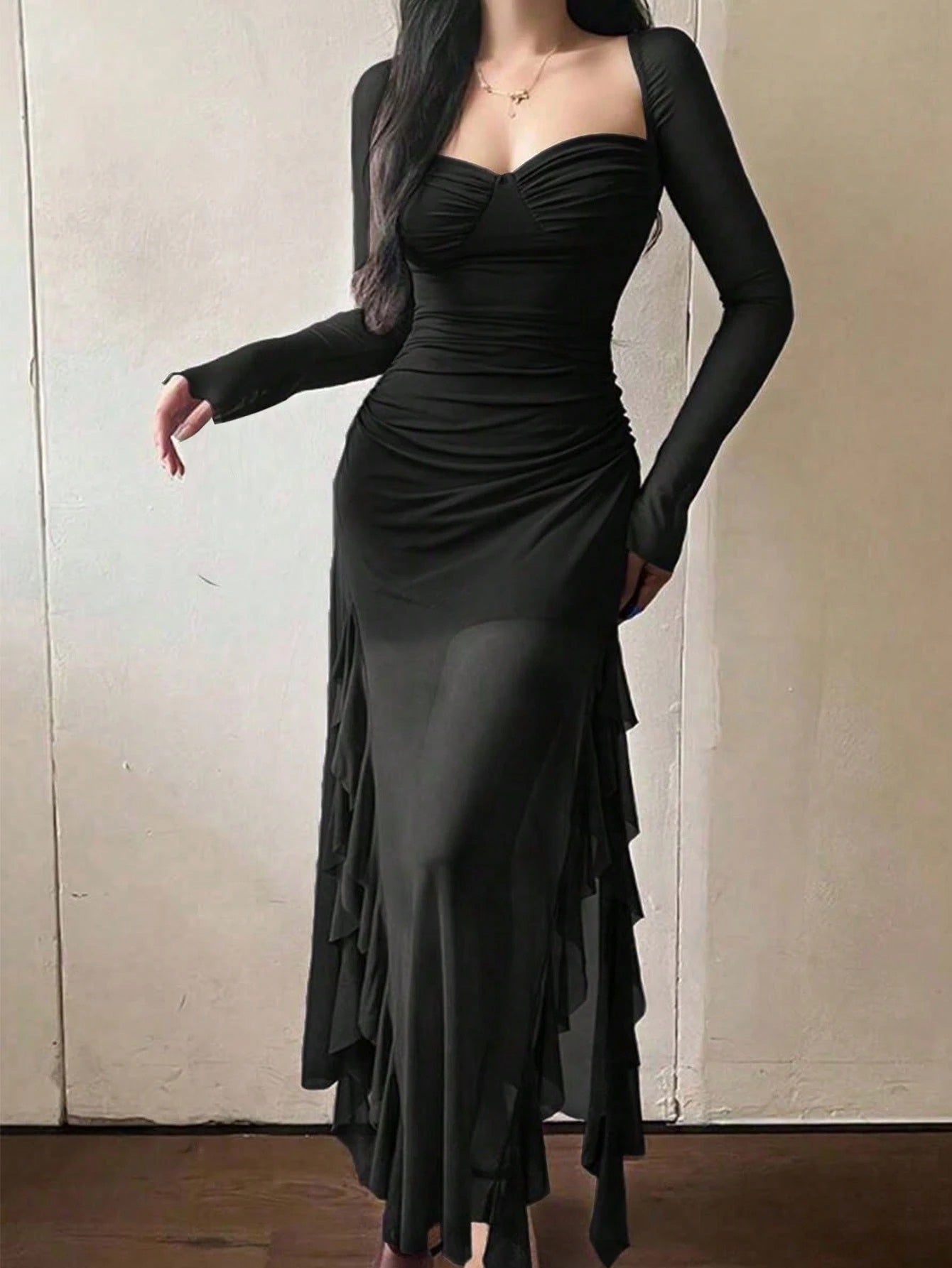 Ruffle Trim Mesh Sleeve Long Dress