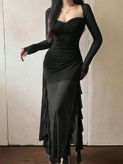 Ruffle Trim Mesh Sleeve Long Dress