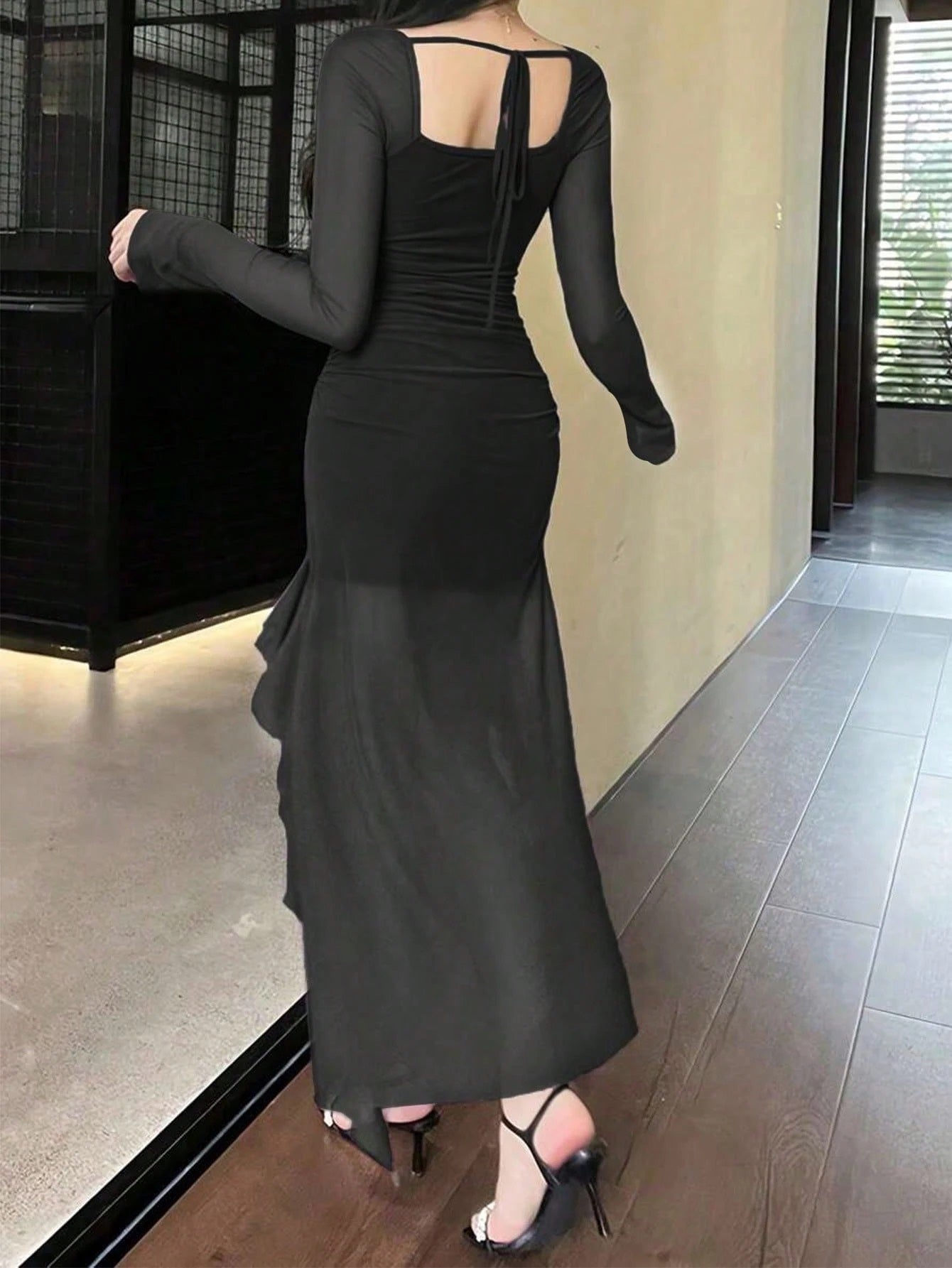 Ruffle Trim Mesh Sleeve Long Dress