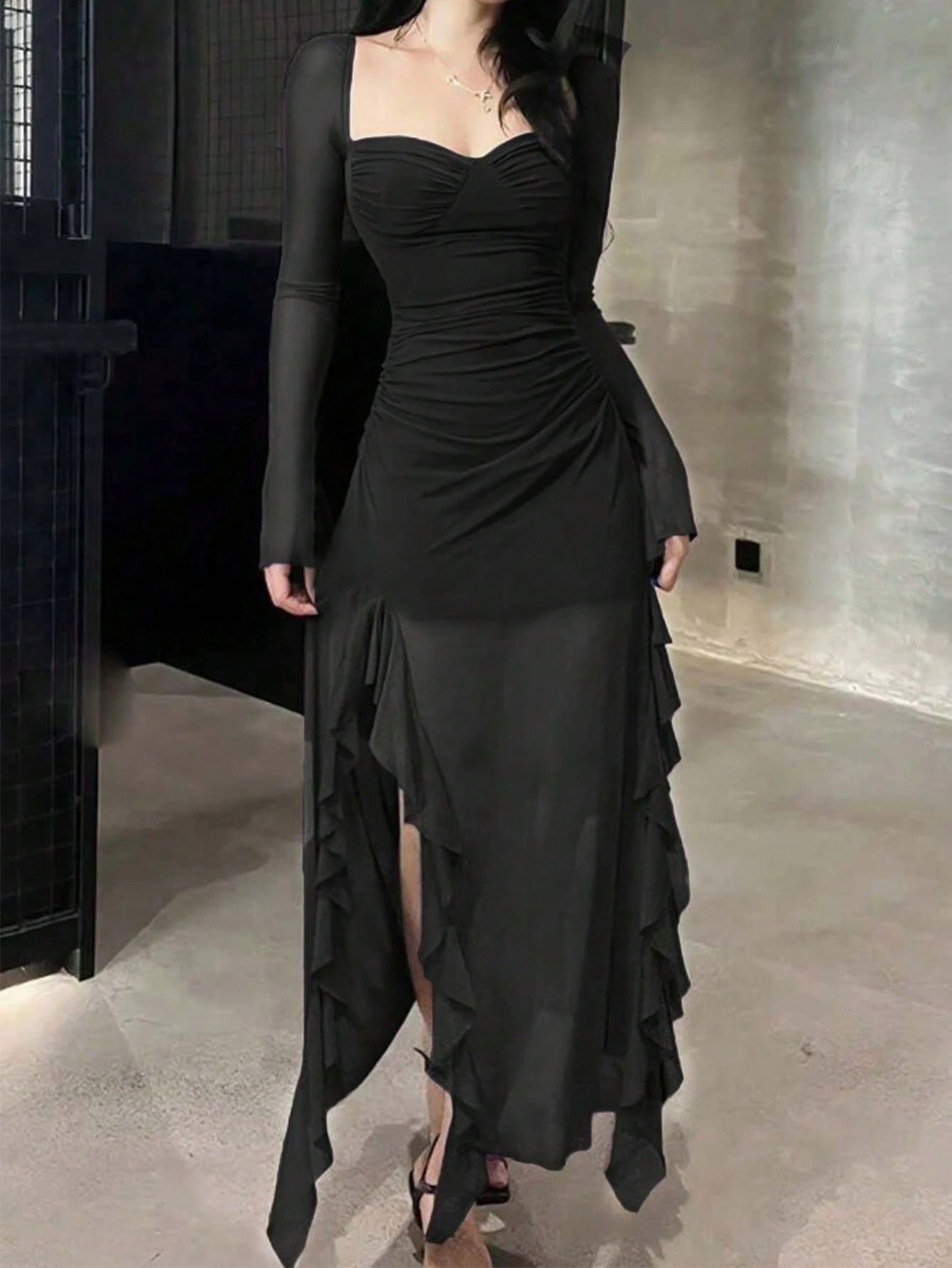 Ruffle Trim Mesh Sleeve Long Dress