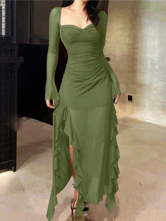 Ruffle Trim Mesh Sleeve Long Dress