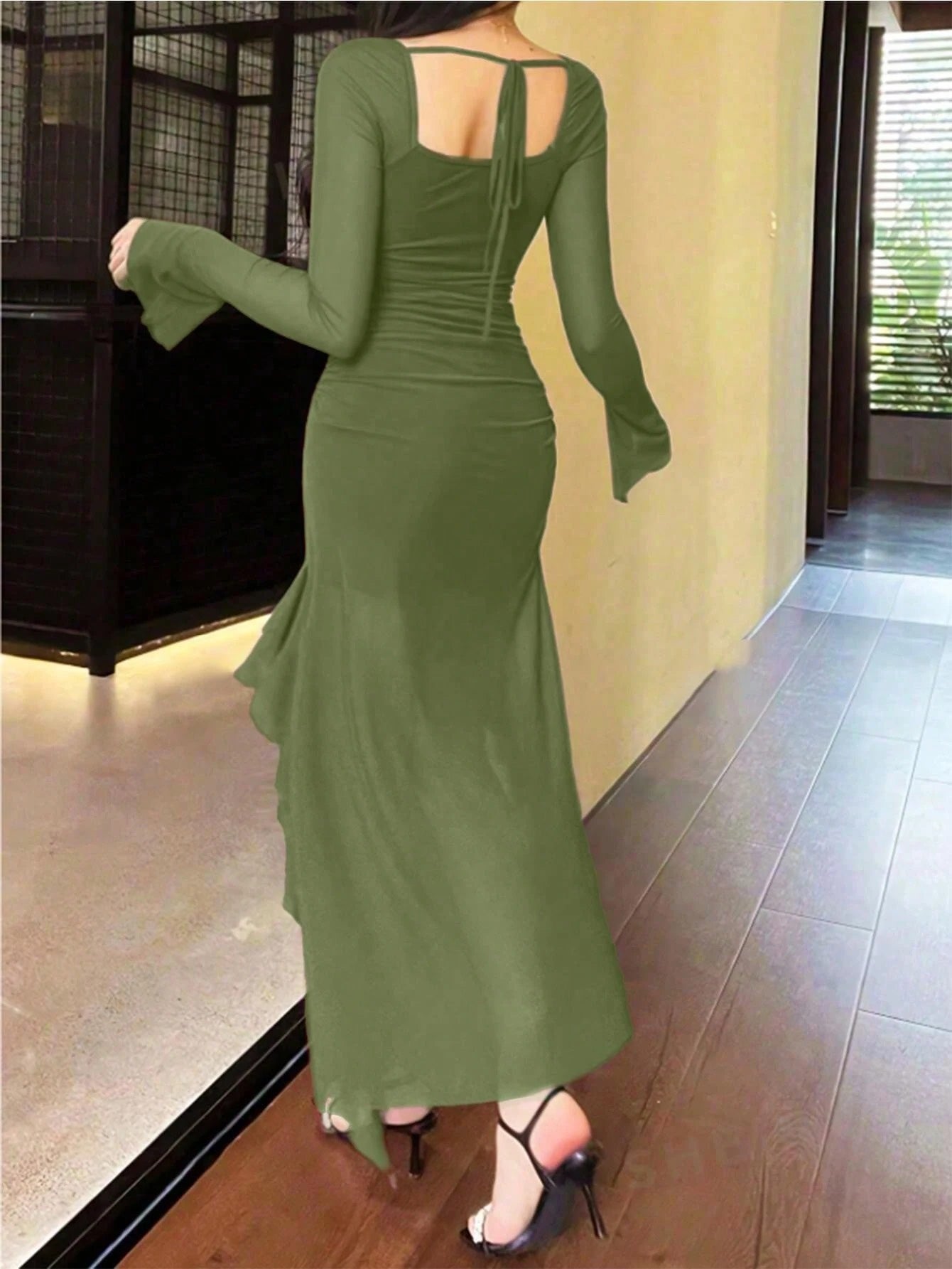 Ruffle Trim Mesh Sleeve Long Dress