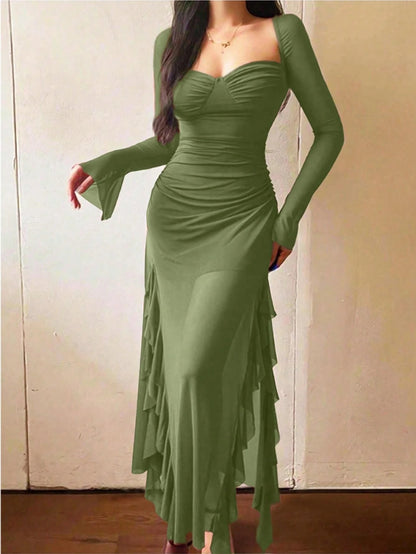 Ruffle Trim Mesh Sleeve Long Dress