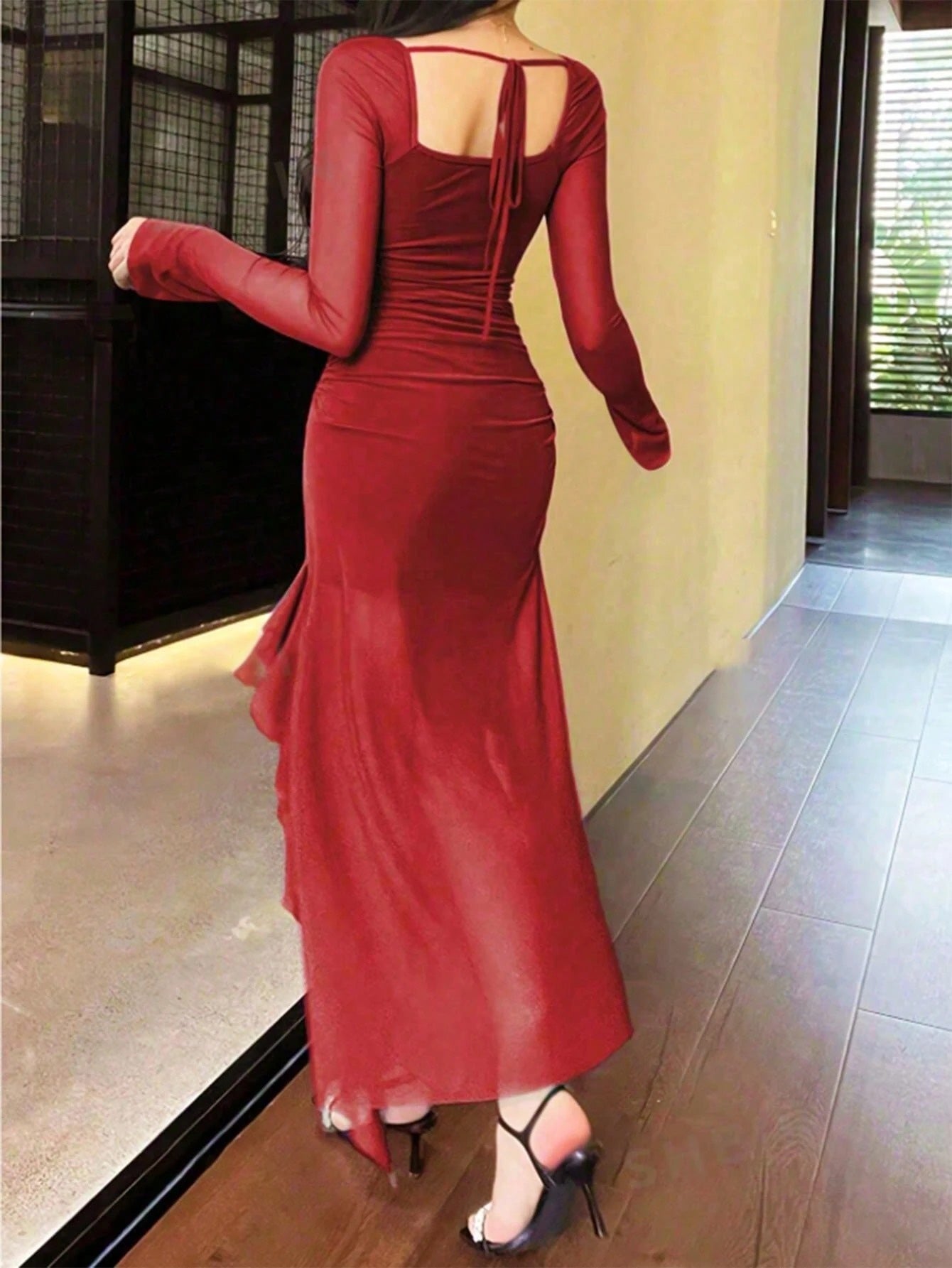 Ruffle Trim Mesh Sleeve Long Dress