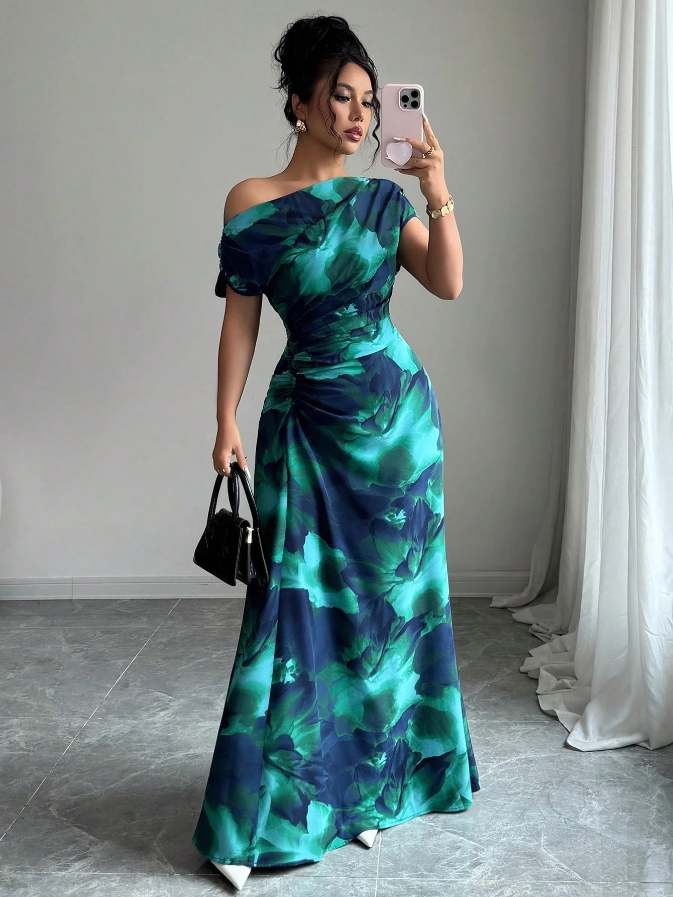 Floral Asymmetrical Ruched Midi Dress